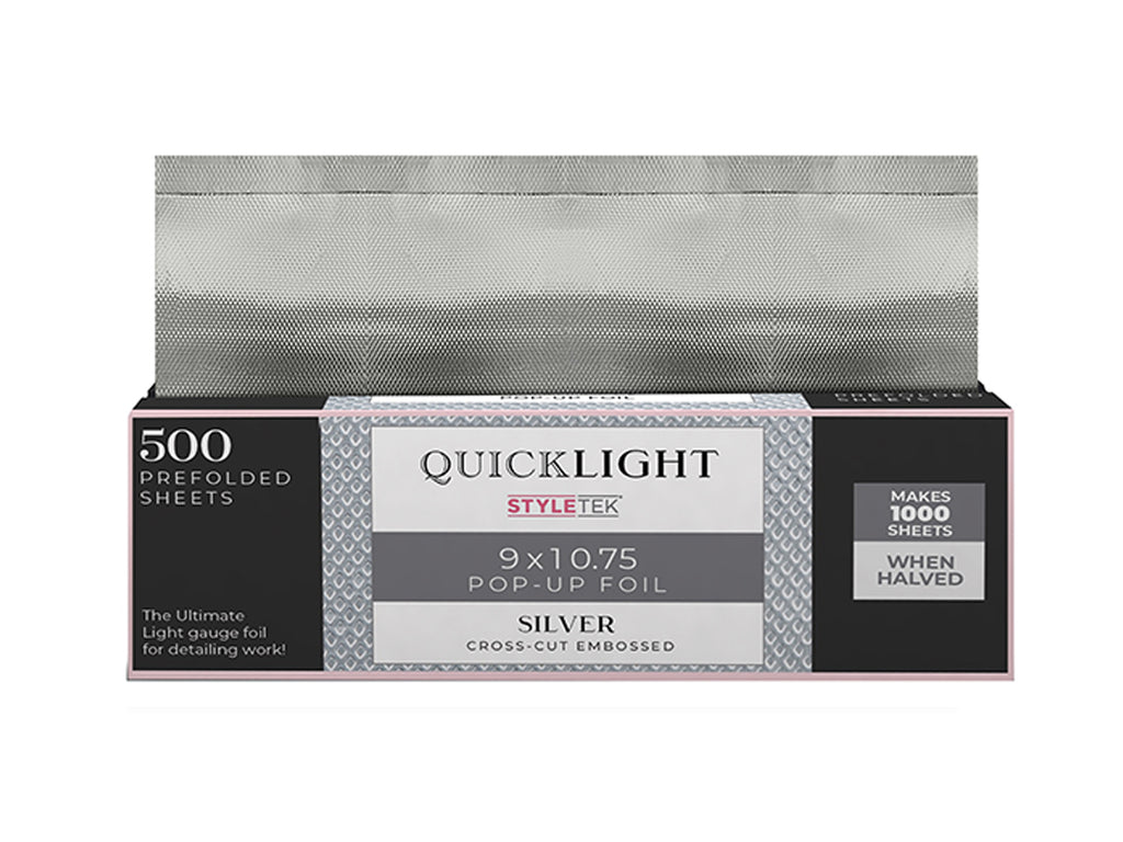 Styletek Quicklight Silver Pop Up Foils 9 x 10.75" 500 Pack Pre-Folded Foils, Cross - Cut Embossed Pre Folded Pop Up Highlighting Foils, Professional Hairdressing Foils, Large Hair Highlighting Foils, Silver Highlighting Foil, Framar Highlighting Foil, Colortrak, NZ Salon Supplies