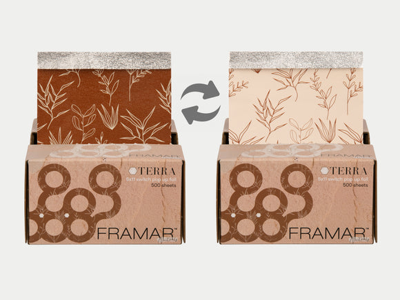 Framar Limited Edition 'Terra' Pop Up Highlighting Foils 500 Box, Earthy Toned Alternating Coloured Pop Up Hair Highlighting Foils With Floral Illustrations, Clay and Canvas Colour Switch Foils With Dried Florals Pattern, Hair Highlighting Foils, Framar Neutrals, Framar NZ, Salon Supplies NZ, Professional Salon Suppliers NZ, Hair Products Online