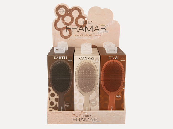 Framar Limited Edition 'Terra' Wheat Fibre Detangle Brush 9 Piece Display - Canvas - Clay & Earth Coloured Brushes, Hair Salon Retail Brush Display, Hair Brush, Earthy Toned Hair Brushes - 3 Of Each, Hair Brushes Made From Biodegradable Wheat Fibre, Framar Neutrals, Framar NZ, Salon Supplies NZ, Professional Salon Suppliers NZ, Hair Products Online