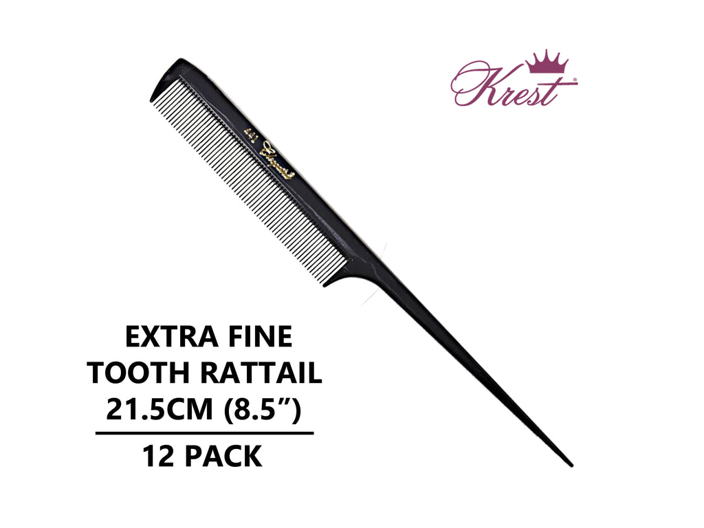 Krest Cleopatra 441 Extra Fine Tooth Rat Tail Comb Black Colour 12 Pack, Hairdressing Tail Comb 17.5cm, Highlighting Combs,  Bulk Hairdressing Combs, NZ Hairdressing Supplies