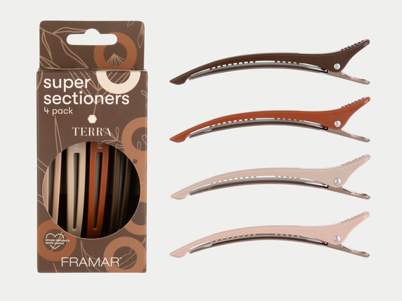 Framar Limited Edition 'Terra' 4 Pack Super Sectioners Sectioning Clips, Hair Sectioning Clips, Earthy Toned Hair Sectioning Clips 4 Different Colours, Framar Neutrals, Framar NZ, Salon Supplies NZ, Professional Salon Suppliers NZ, Hair Products Online