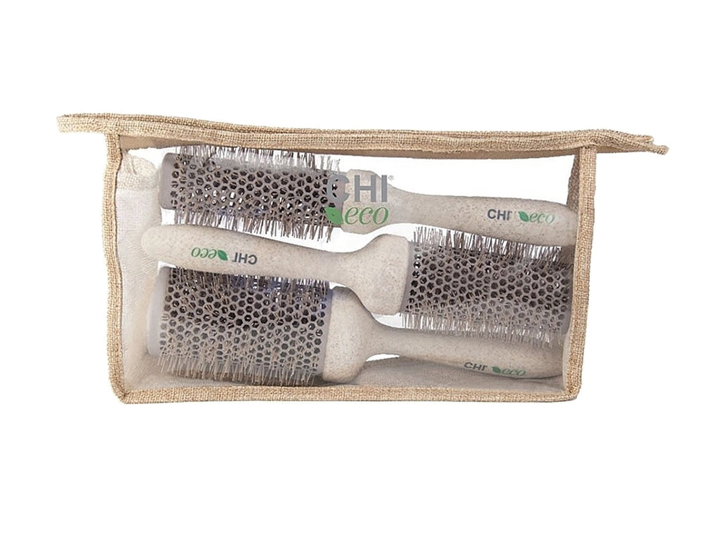 Chi Eco Round Brush Set 3 Piece In Re-Usable Hemp & EVA Bag, 3 Piece Round Brush Set - Small & Medium & Large Round Brushes With Nylon Bristles, Chi Eco Brushes Made From Compostable Plant Based Plastic, Chi Eco Brushes, Hair Styling Round Brushes, Chi Stockist NZ, Professional Salon Supplies NZ