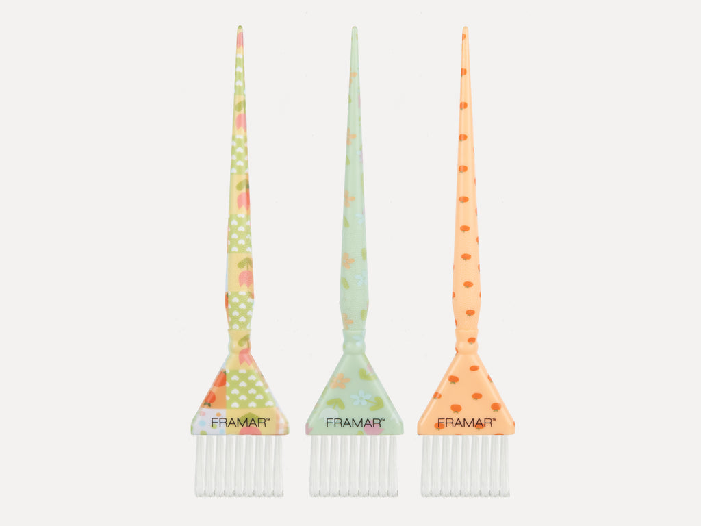 Framar Quilted Limited Edition Triple Threat Tint Brush Set Of 3, Framar Quilted Limited Edition Collection, Framar Quilted Pastel Colours With Florals & Clementine Oranges, Framar Quilted Pattern Highlighting Combs - 3 Different Patterned Tint Brushes, Framar NZ Stockist, NZ Salon Supplies, NZ Salon Essentials