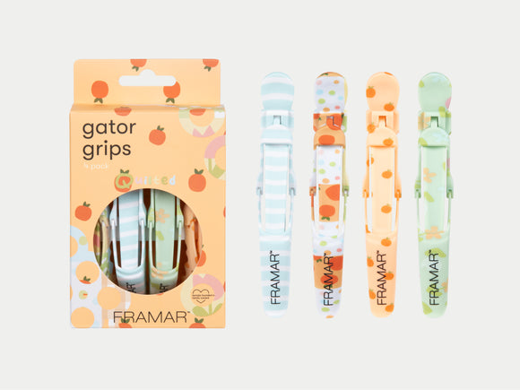 Framar Quilted Limited Edition Gator Grips Set Of 4, Framar Quilted Limited Edition Collection, Framar Quilted Pastel Colours With Florals & Clementine Oranges, Framar Quilted Pattern - 4 Different Patterned Clips, Framar NZ Stockist, NZ Salon Supplies, NZ Salon Essentials