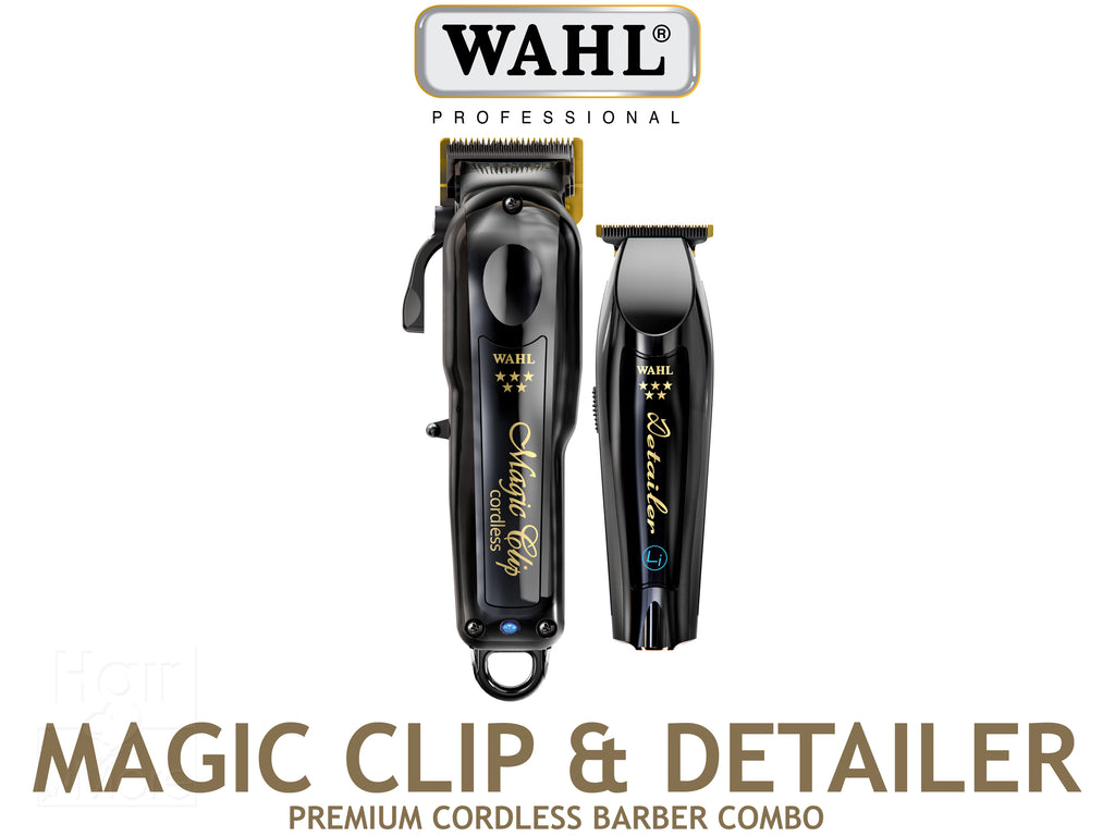 Wahl Professional 5 Star Magic Clip Cordless Clipper + Detailer Li Combo In Black With Gold DLC Blades, Hair Clippers,  Wahl Magic Clip With Stagger Tooth Crunch Blade, Magic Clip Clipper Perfect For Fades & Blending, Limited Edition Black Professional Clipper & Trimmer, Official Wahl Stockist NZ, Wahl AU/NZ Stockist, Professional Barber Tools And Supplies NZ, NZ Hair and Barber Supplies