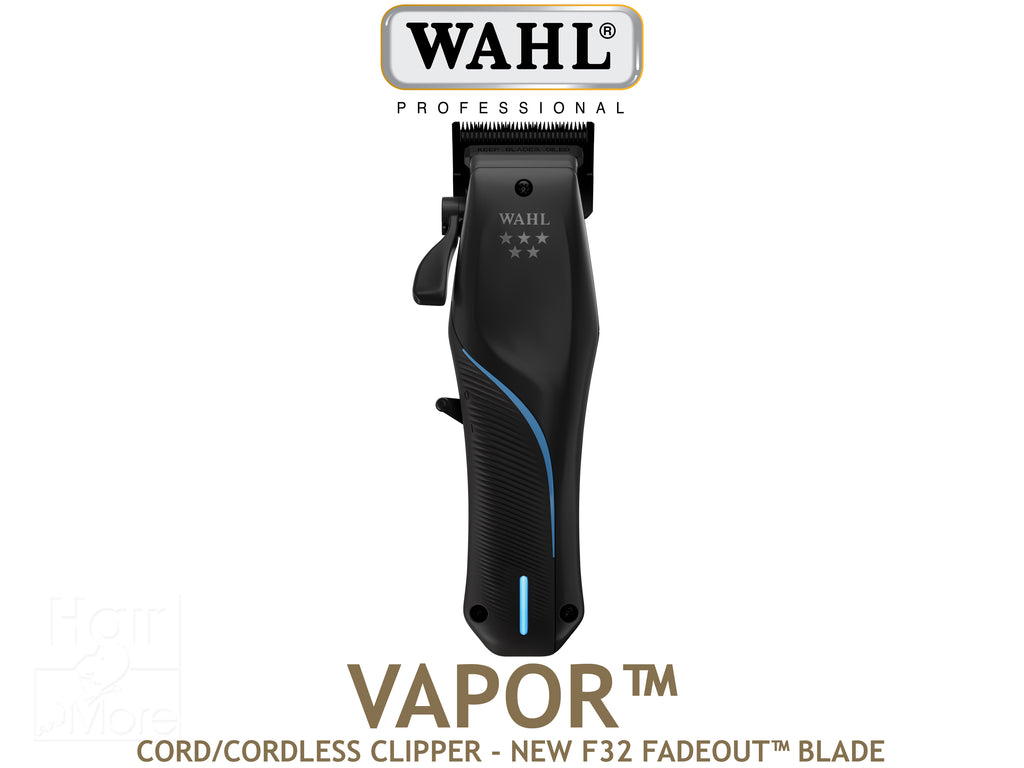 Wahl Professional 5 Star Vapor Cordless Clipper With New F32 Fadeout Blade, Wahl Vapor Clipper, Vapor Clipper Featuring F32 Precision Blades - Go From Bald To Fade - 32 Ball Pointed Teeth For Close Comfortable Cuts, More Power Less Weight At 280g, 2.5 Hours Cordless Run Time, Sleek Looking Clipper in Black With Blue Detail, Official Wahl Stockist NZ, Wahl AU/NZ Stockist, Professional Barber Tools And Supplies NZ, NZ Hair and Barber Supplies