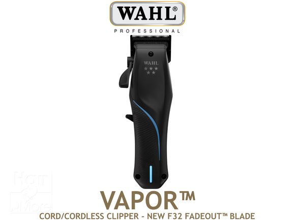 Wahl Professional 5 Star Vapor Cordless Clipper With New F32 Fadeout Blade, Wahl Vapor Clipper, Hair Clippers, Vapor Clipper Featuring F32 Precision Blades - Go From Bald To Fade - 32 Ball Pointed Teeth For Close Comfortable Cuts, More Power Less Weight At 280g, 2.5 Hours Cordless Run Time, Sleek Looking Clipper in Black With Blue Detail, Official Wahl Stockist NZ, Wahl AU/NZ Stockist, Professional Barber Tools And Supplies NZ, NZ Hair and Barber Supplies