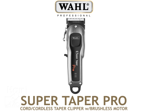 Wahl Professional Super Taper Pro Cordless Clipper With Brushless Motor, Hair Clipper, Wahl Super Taper Pro Clipper, Super Taper Pro Featuring 4 Hour Run Time - 5,800 RPM Brushless Motor - 3 Phase Charge Level Indicator - Chrome Plated Taper Blades, Super Taper Pro Includes 6 Clipper Attachments + Flat Cutting Comb + Charging Transformer + Cleaning Brush & Oil, Sleek Looking Clipper in Brushed Grey and Black, Official Wahl Stockist NZ, Wahl AU/NZ Stockist, Professional Barber Tools And Supplies NZ